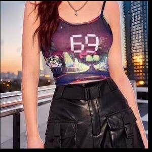 Fun Graphics Sexy City Nightlife W/Race Cars Sheer W/Big 69 Straps Crop Cami Top
